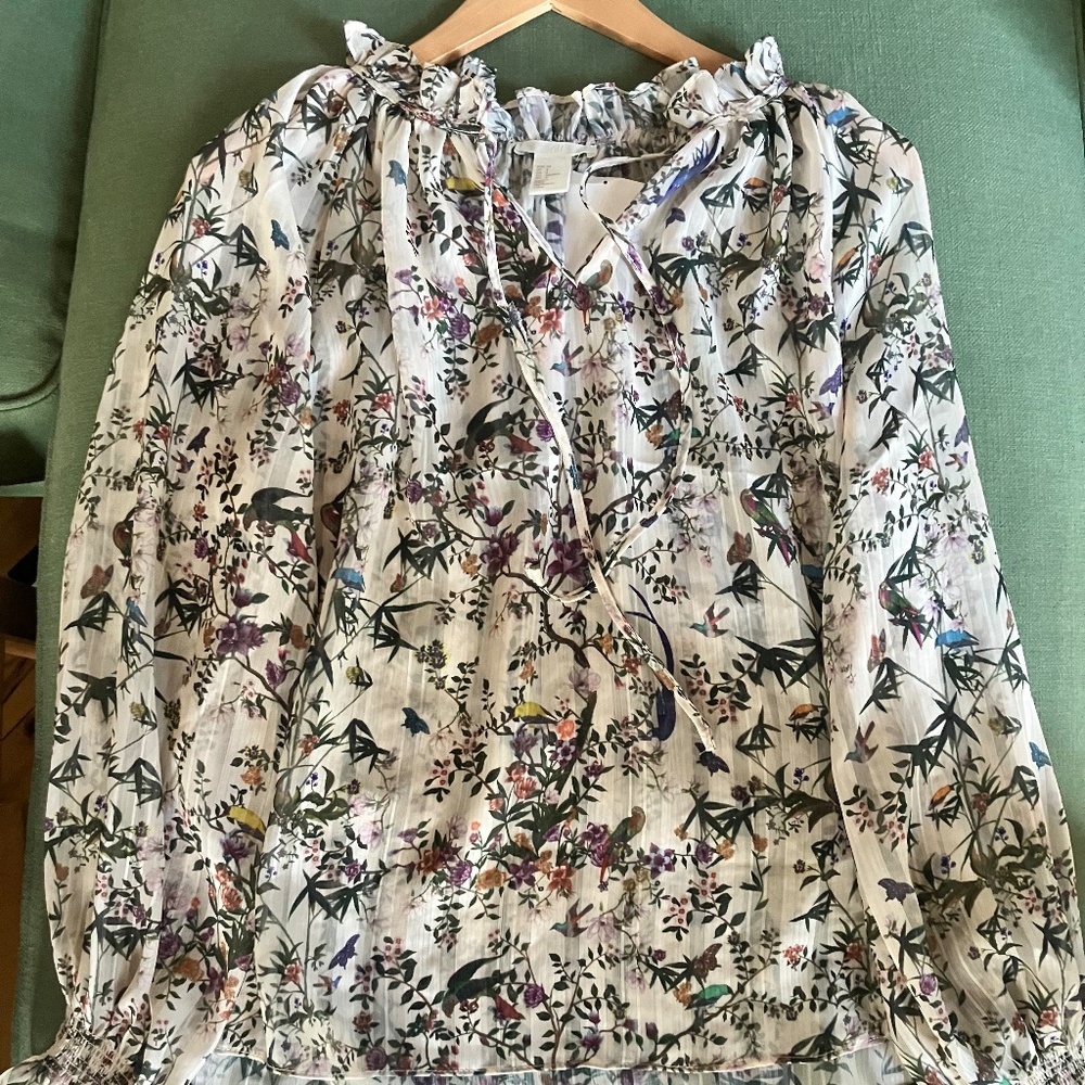 H&M Floral Print Semi Sheer Ruffle Blouse Size 2